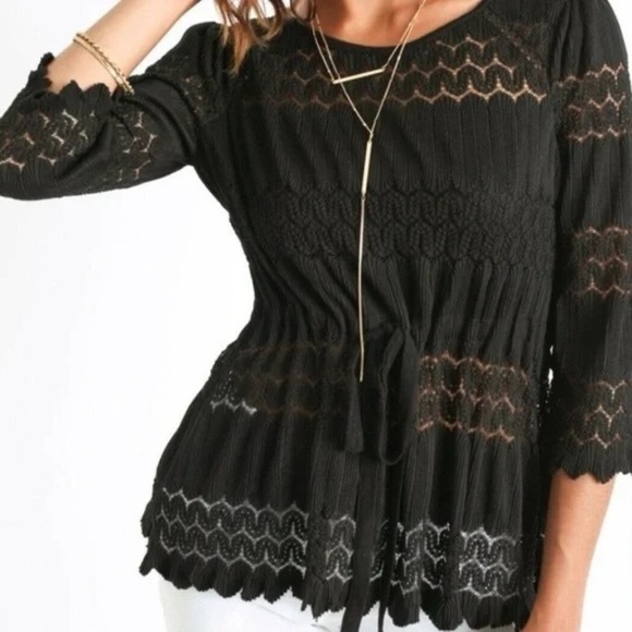 Free People Tops - #176 FREE PEOPLE FIRE ISLAND BLACK CROCHET KNIT SCALLOP HEM BLOUSE SIZE LARGE